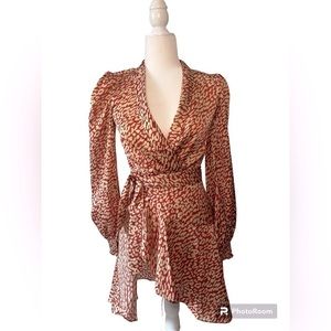 PrettyLttleThing Red Satin Leopard Print Wrap Frill Hem Shift Dress, Size 0